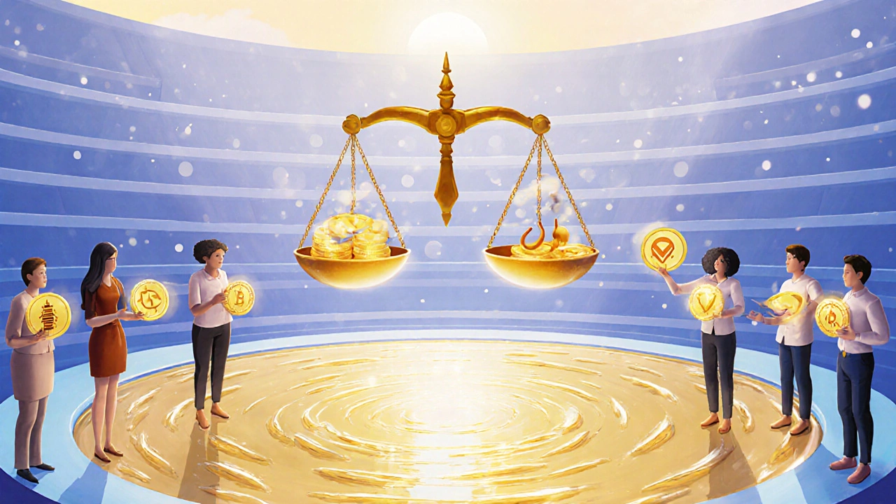 Arte conceptual de un consejo de avatares votando con tokens sobre un fondo de seguro digital.