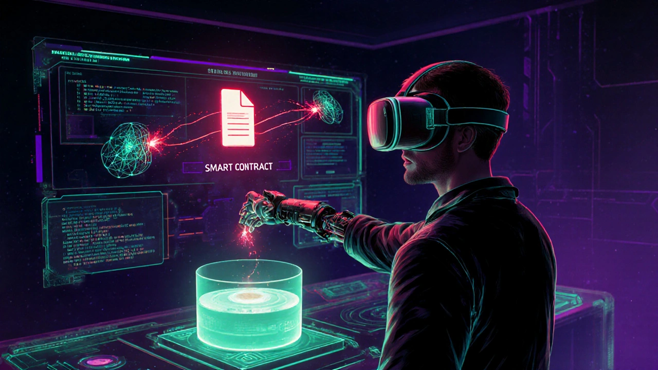 Ilustración cyberpunk de un usuario usando una pantalla holográfica para reclamar un seguro cripto.