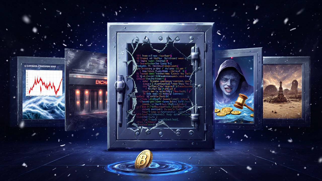 Representación visual de los distintos riesgos de cripto en una bóveda digital.