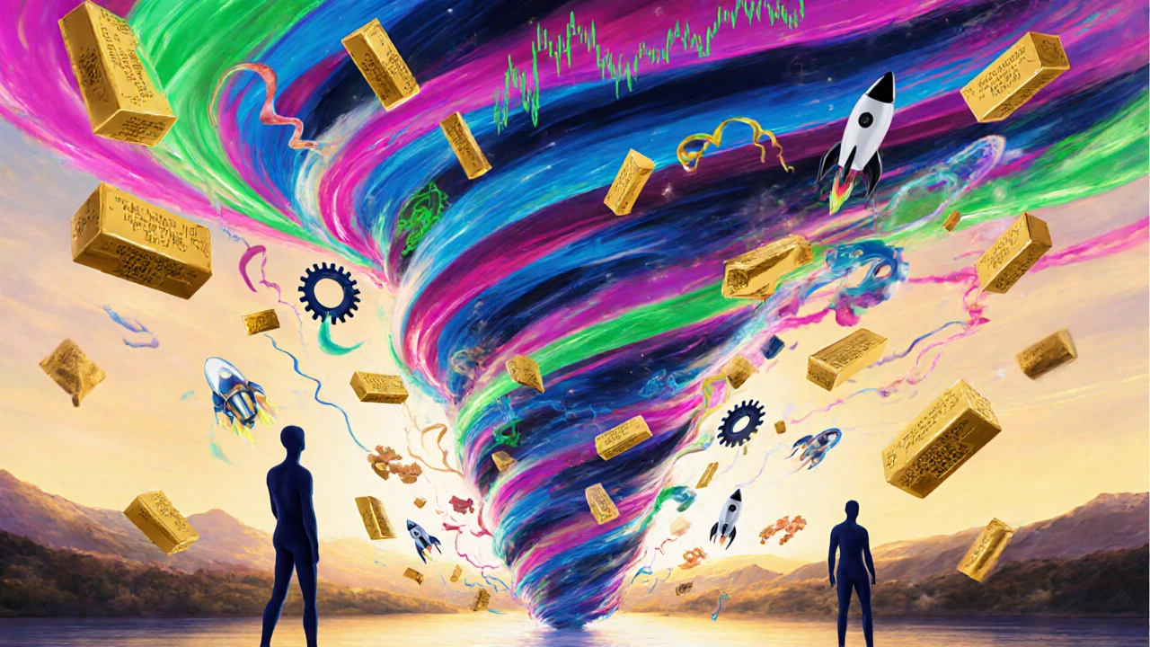 Arte abstracto combina energía colorida, símbolos de riqueza e innovación, evocando neurodiversidad.