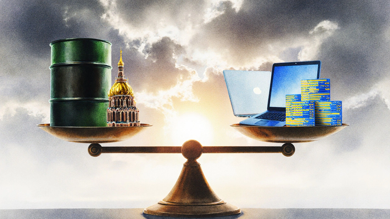 Balanza con barril de petróleo y laptop, simbolizando la economía mixta de Rusia.