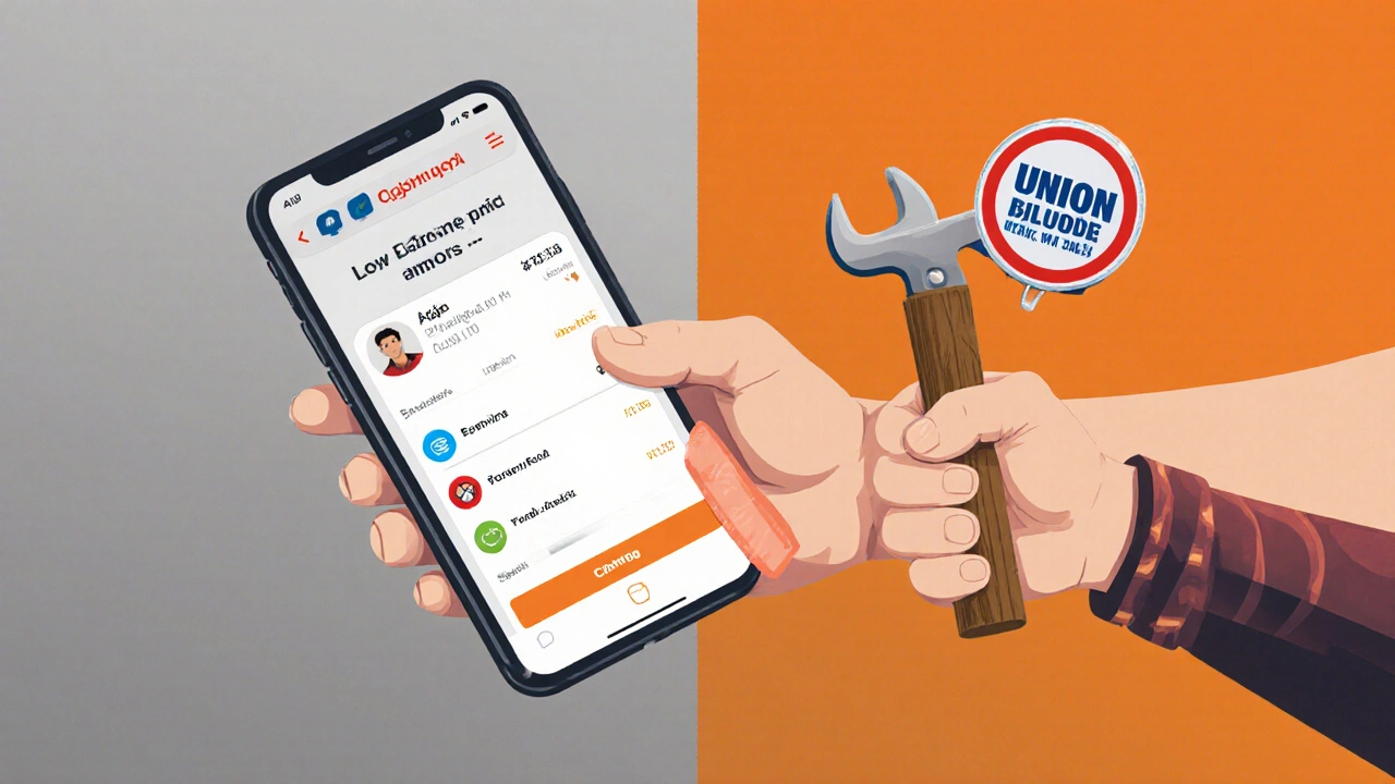 Dos manos: una con una app de trabajo precario, la otra con una herramienta y una insignia sindical.