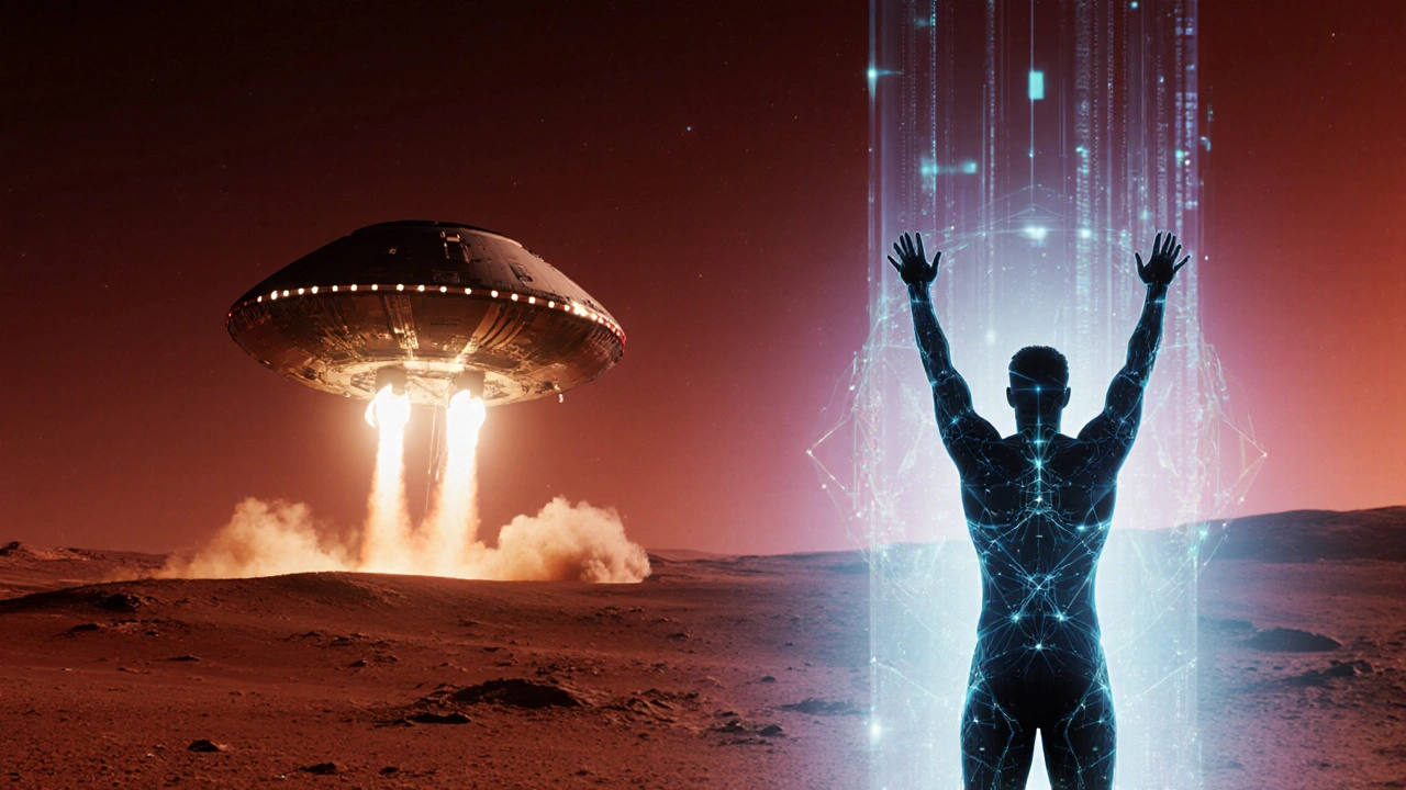Escena marciana con Starship, humano fusionado a una IA luminosa al amanecer.