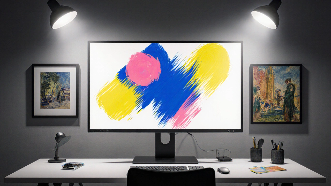 Estudio de diseñador moderno con ilustración digital de colores fauvistas y cuadros clásicos.