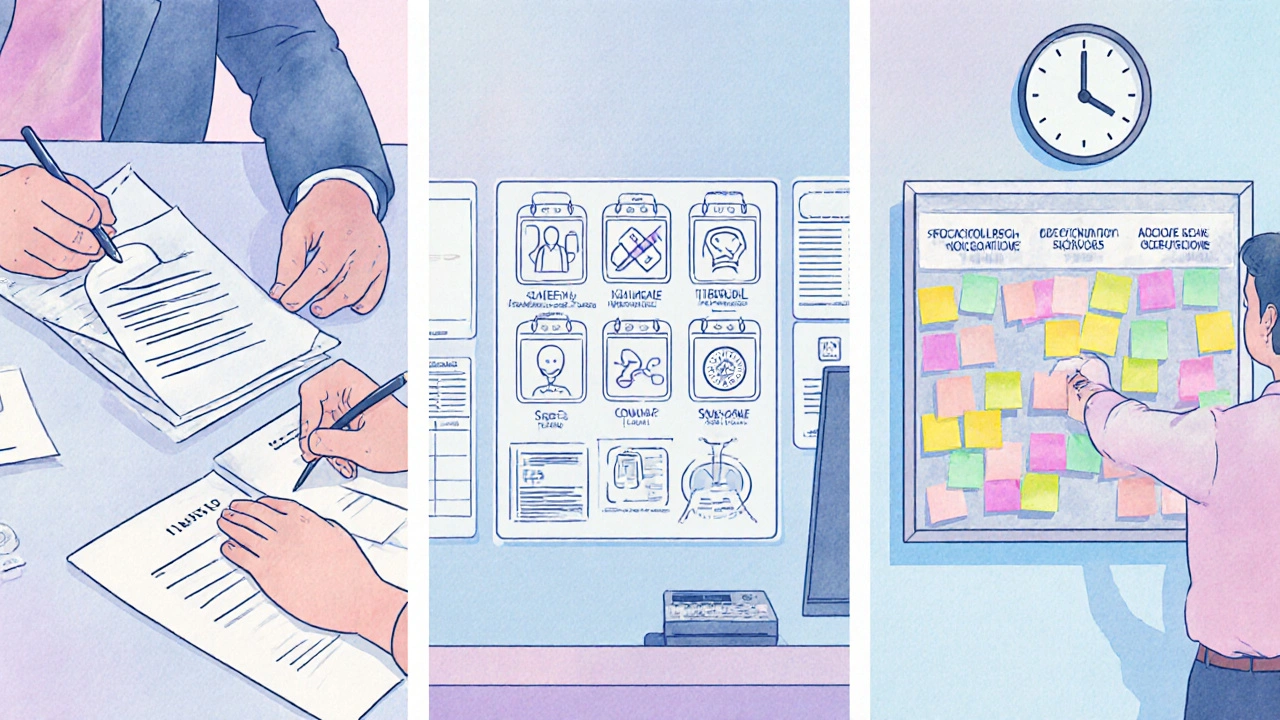 Ilustración de contratos, reglamento interno y calendario de turnos en la empresa.