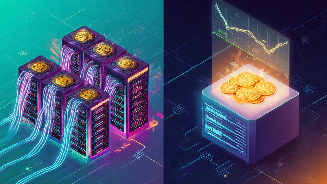 Ilustración de granja de minería y nodo de staking emitiendo tokens.