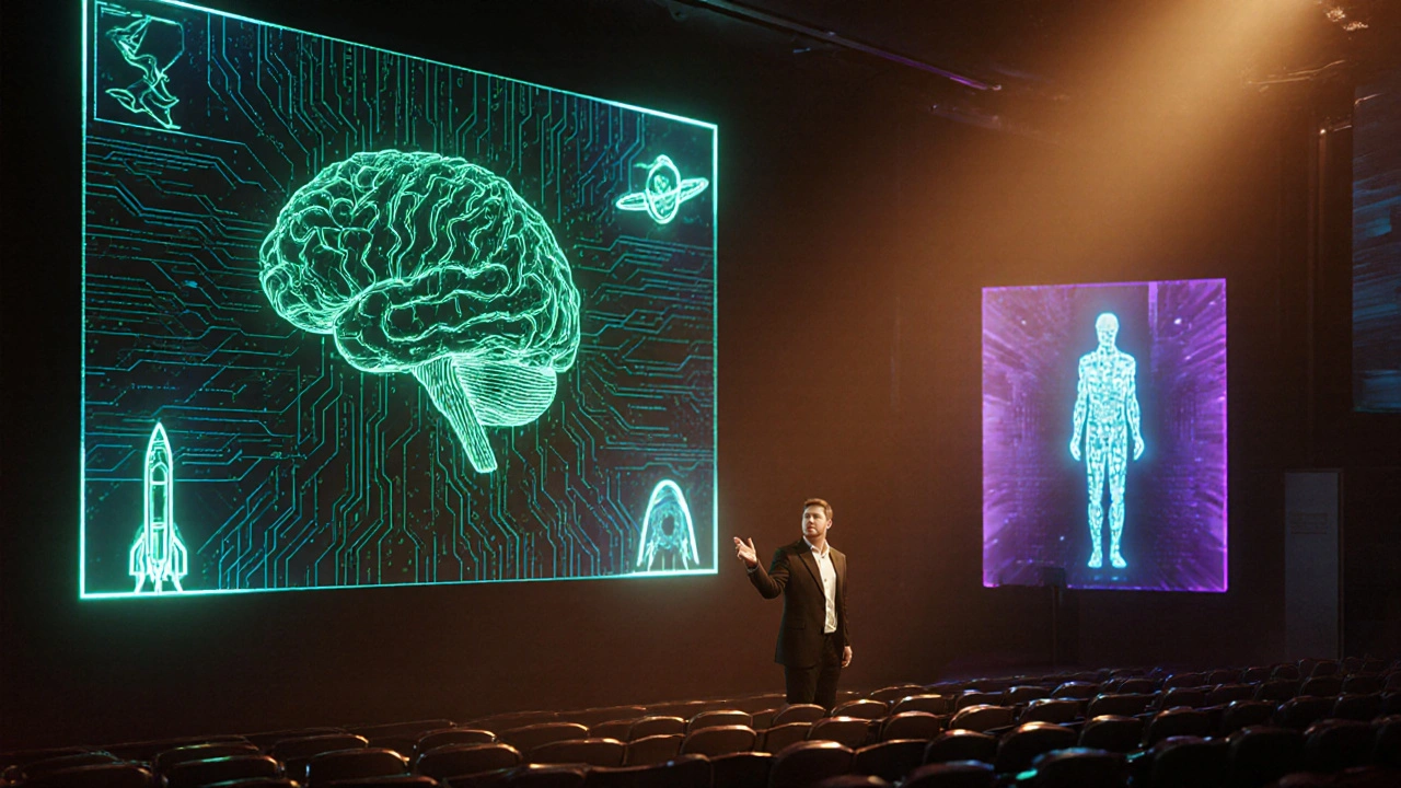 Ilustración de Musk en Stanford mostrando una cuadrícula de simulación y hologramas de IA.