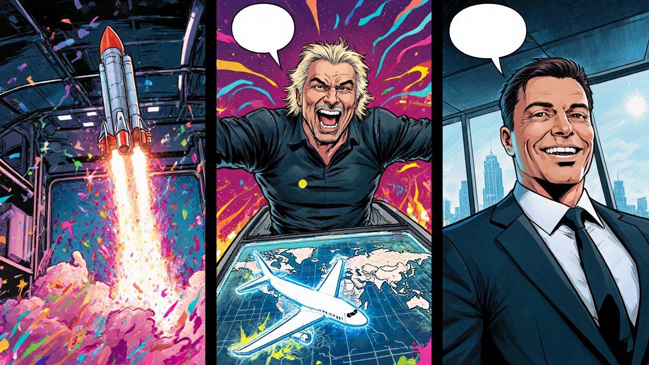 Ilustración estilo cómic muestra a Musk, Branson y Neeleman en sus industrias con ideas rápidas.