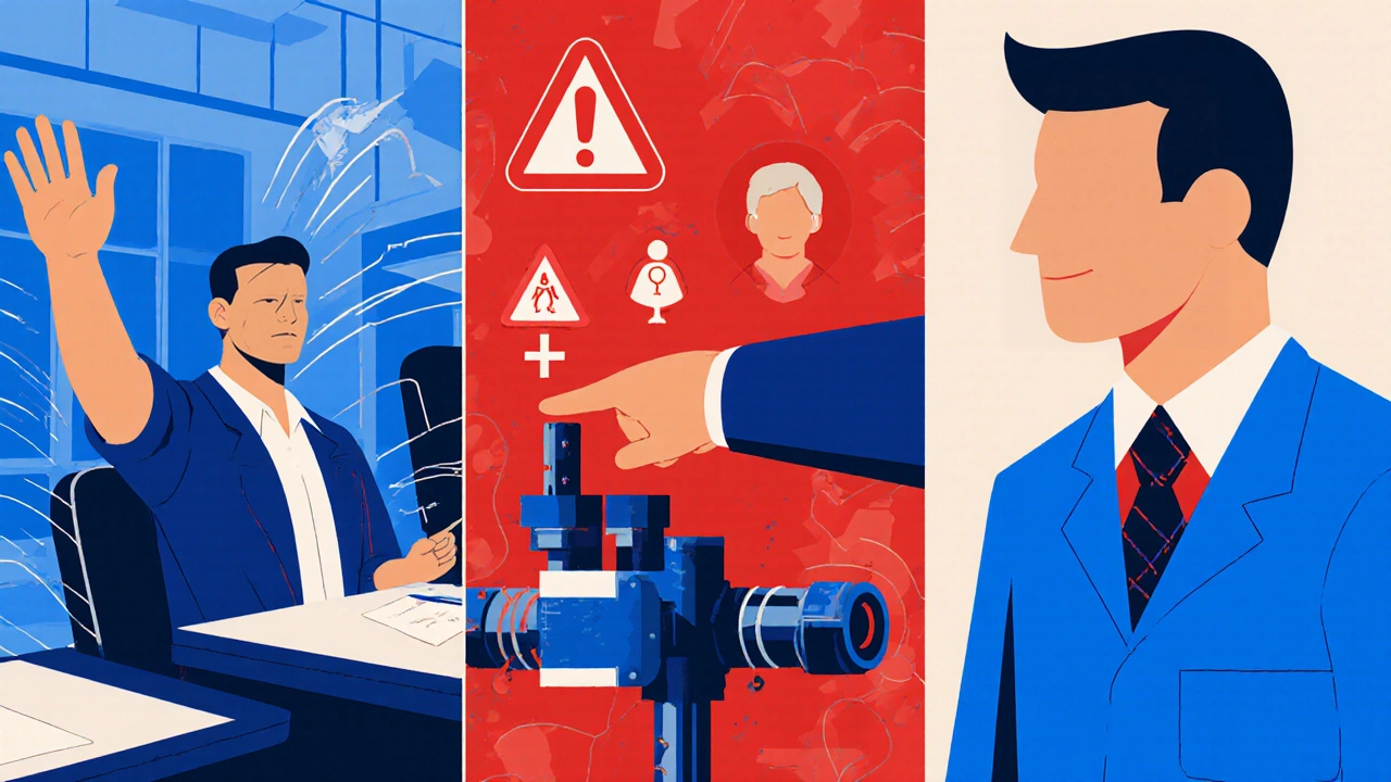 Ilustración muestra varios casos de despido injusto: sindicato, denuncia de seguridad y discriminación.
