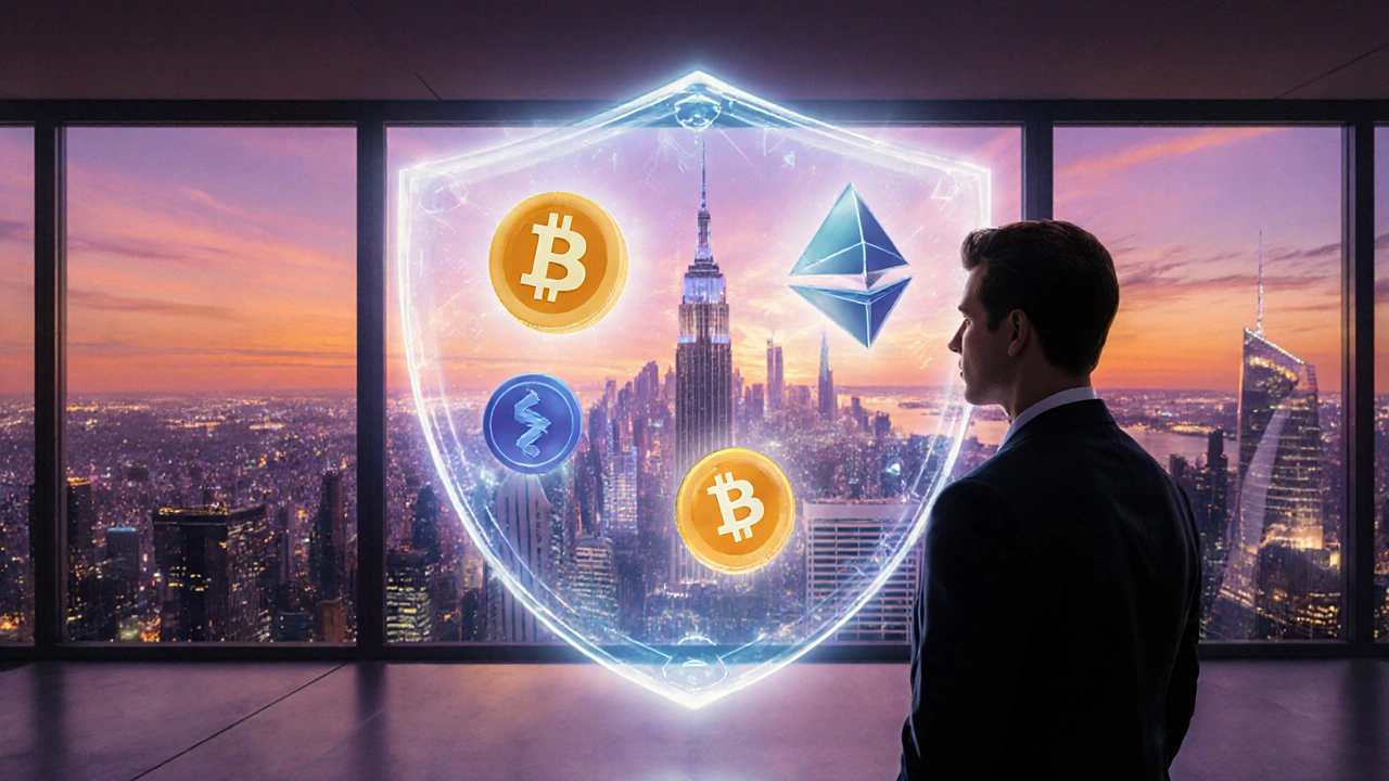 Inversor protegido por escudo holográfico con iconos de criptomonedas.