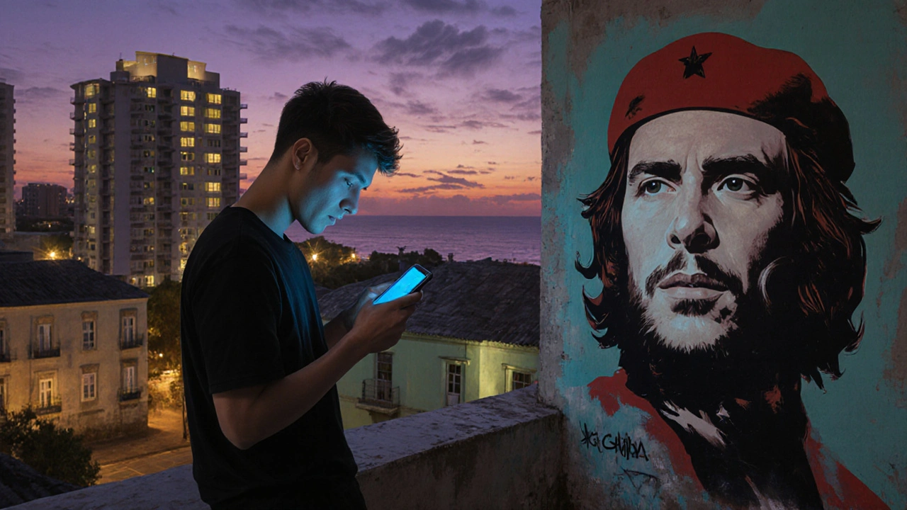 Joven cubano con smartphone frente a un mural de Che, vista del mar y edificios modernos.