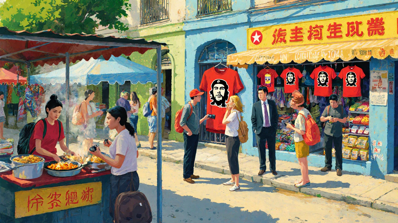 Mercado cubano con puestos de comida, turistas, y tienda estatal vendiendo camisetas con la imagen de Che.