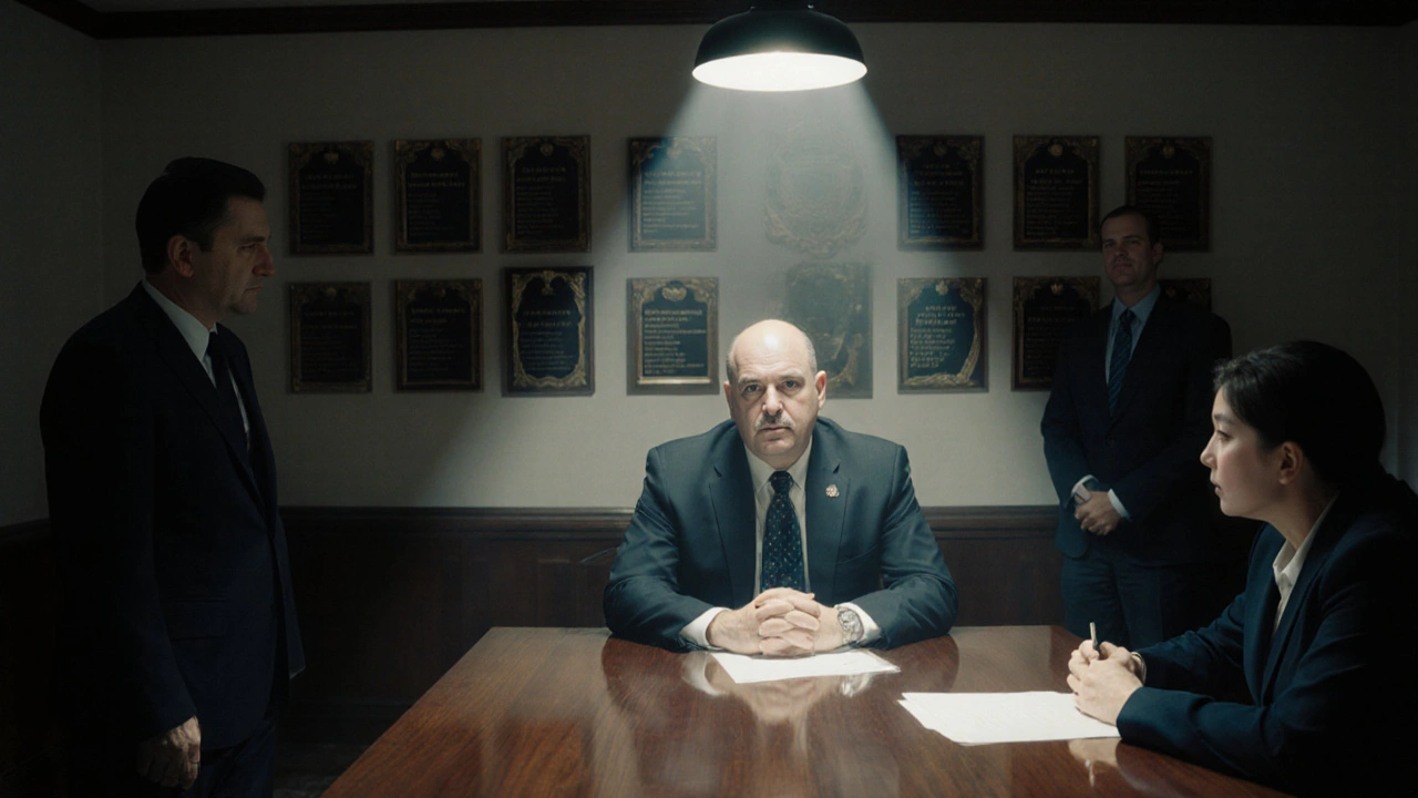 Reunión tensa entre empleador, inspector laboral y abogado en oficina del Ministerio.