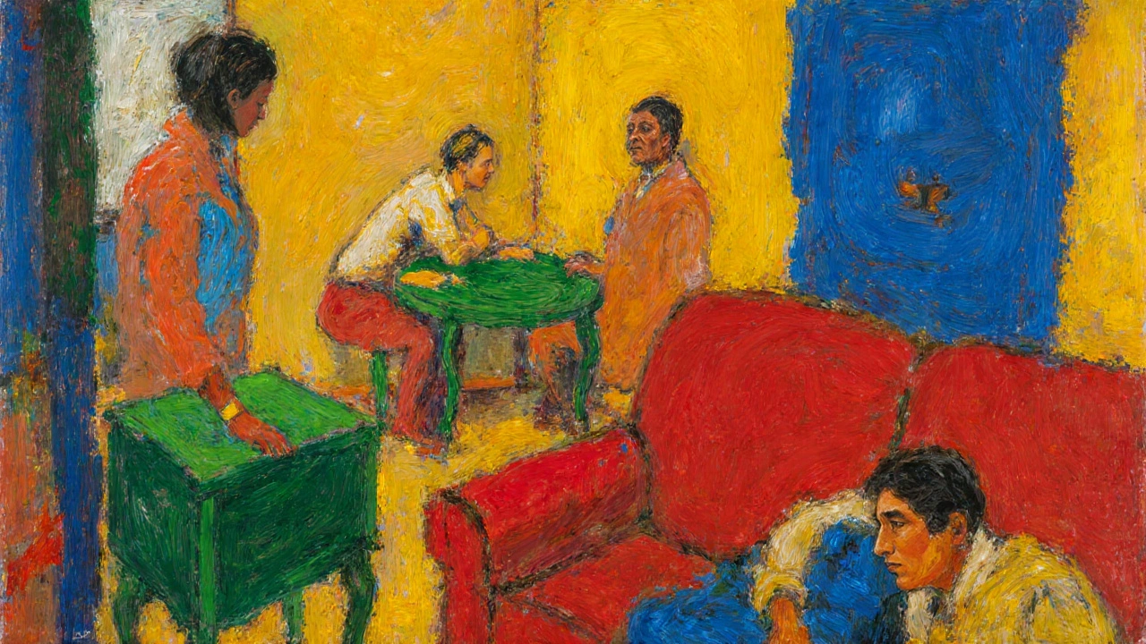 Sala interior inspirada en ‘La alegría de vivir’ con muebles y figuras en colores intensos.