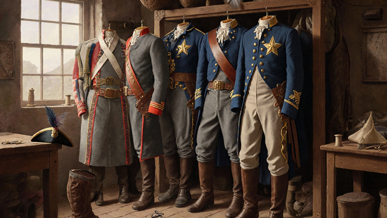 Taller colonial con uniformes continentales, insignias y accesorios.