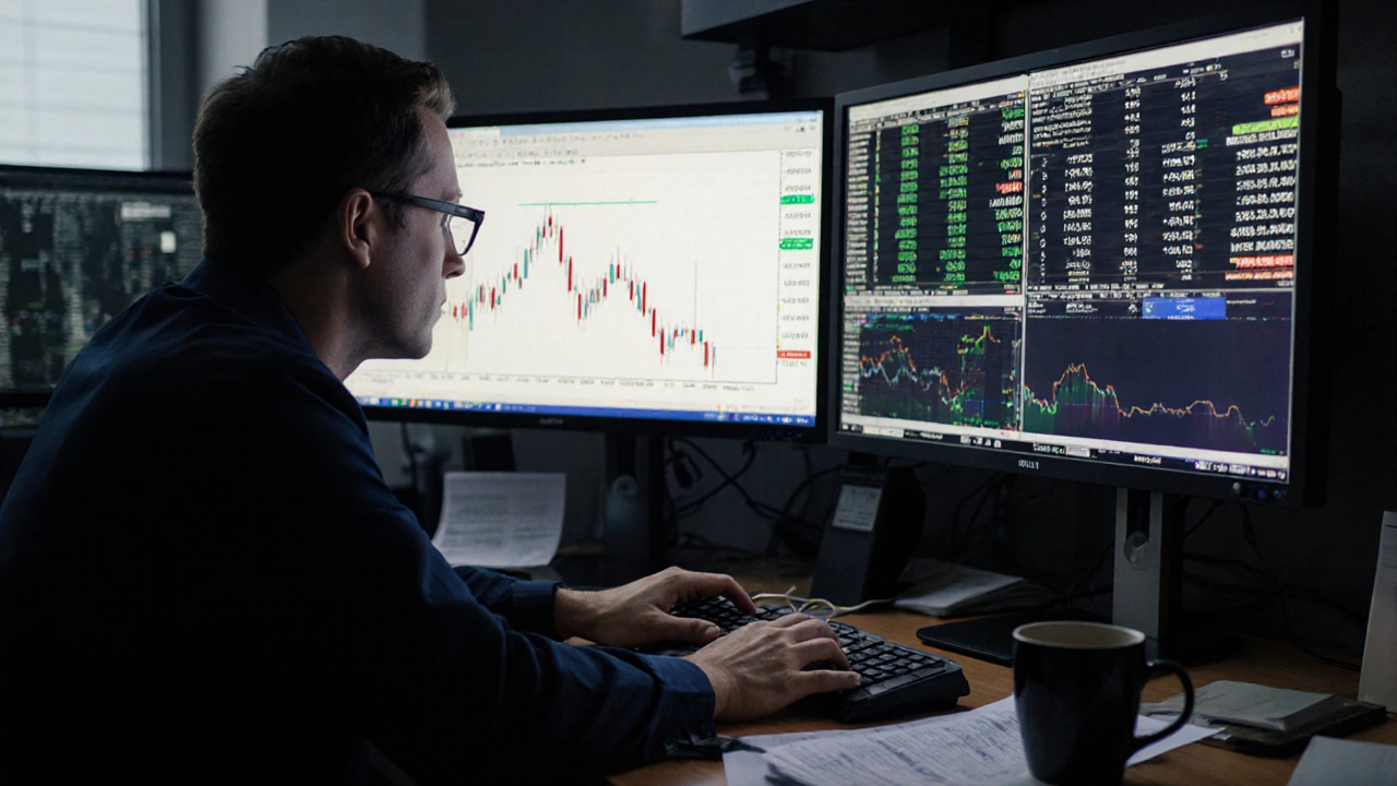 Trader observando un libro de órdenes completo en una pantalla mientras analiza datos financieros.