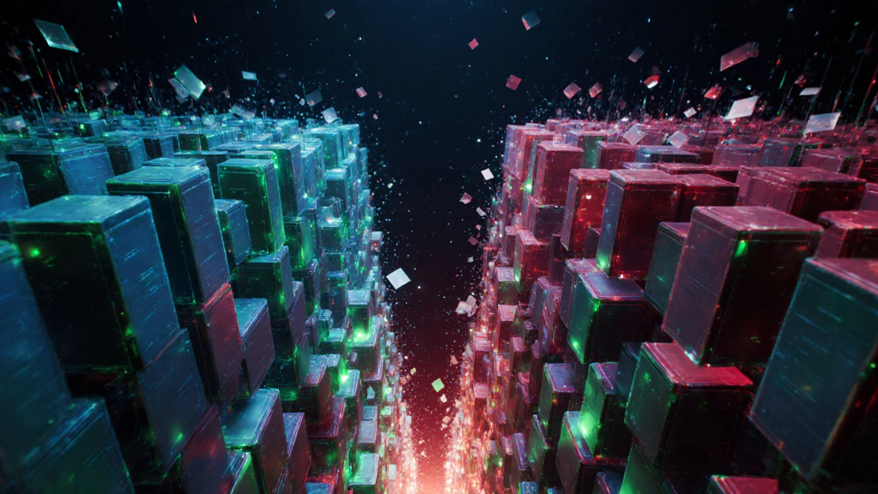 Visualización 3D de profundidad de mercado con bloques de órdenes de compradores y vendedores separados por un spread brillante.