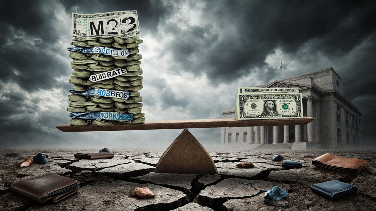 Balanza desequilibrada con pilas de pesos contra un solo dólar, simbolizando la crisis monetaria.