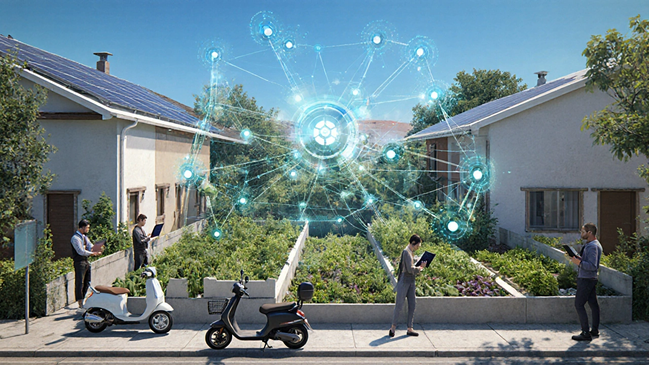 Barrio cerrado sostenible con huertos comunitarios, paneles solares y vecinos usando tecnología para conectarse, en un entorno moderno y ecológico.