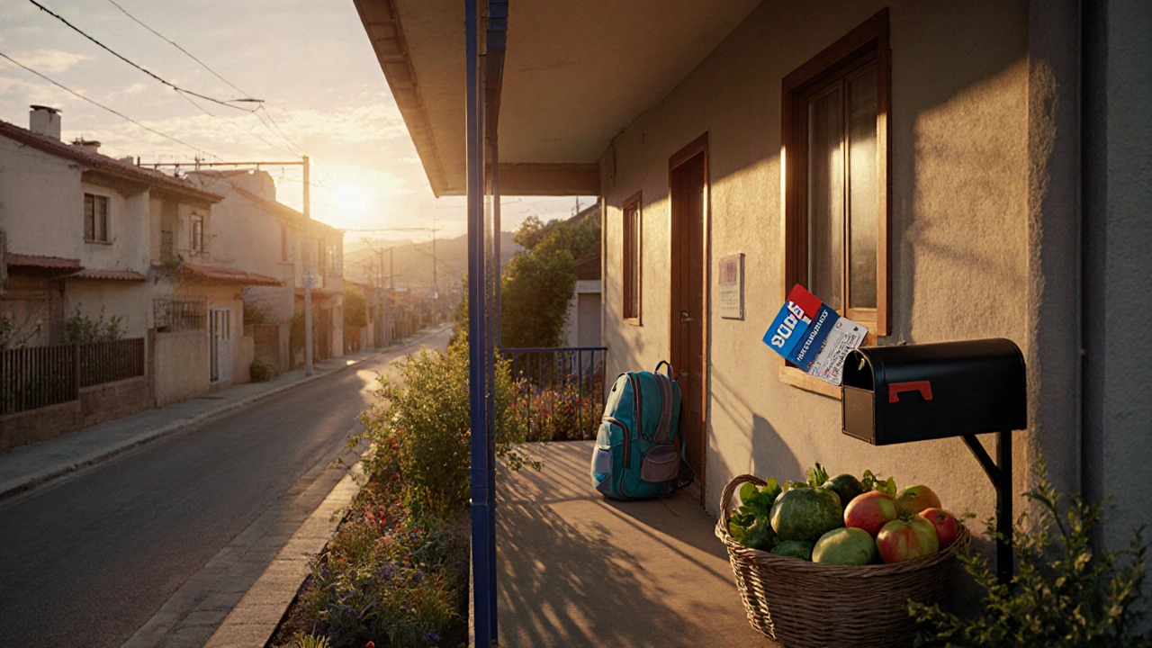 Casa con jardín en Villa Pueyrredón que simboliza estabilidad: mochila, boleto de tren y verduras frescas.