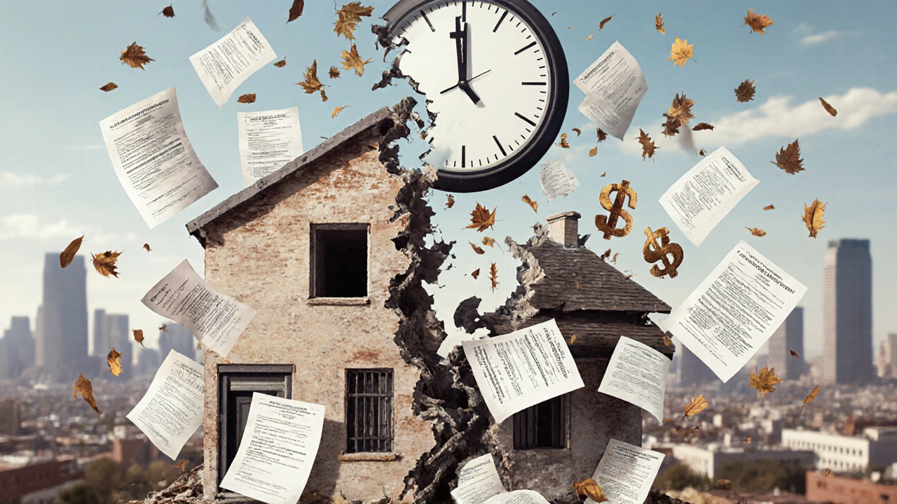 Casa en ruinas rodeada de papeles legales y reloj marcando dos años.