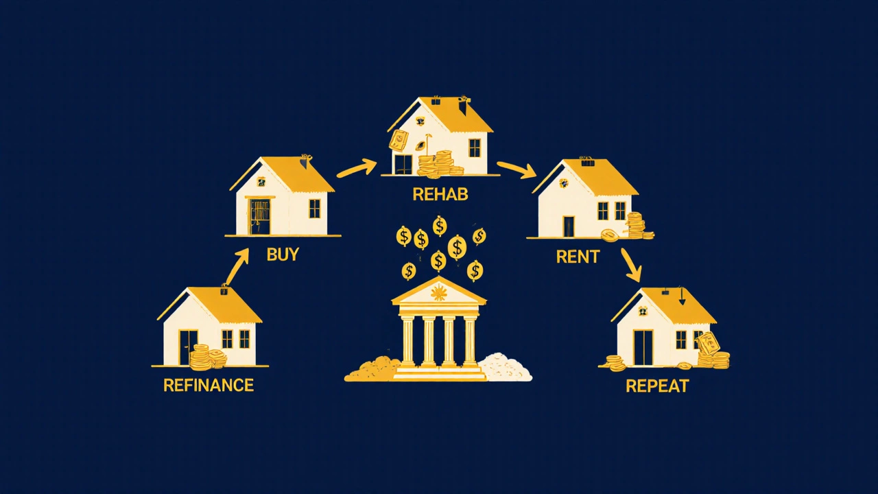 Ciclo BRRRR representado como un diagrama circular de casas y símbolos de dólares fluyendo hacia un banco.