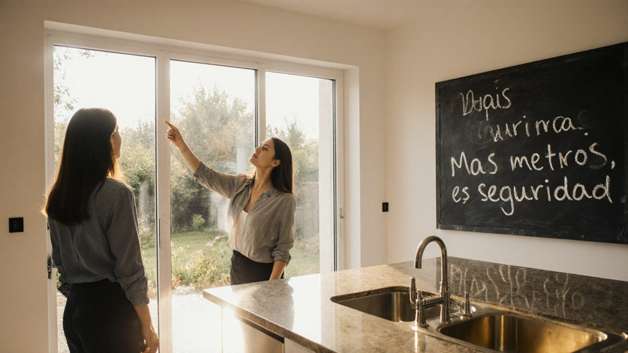 Cocina luminosa con ventanas amplias, donde un agente muestra cómo la luz natural conecta con las emociones del comprador.