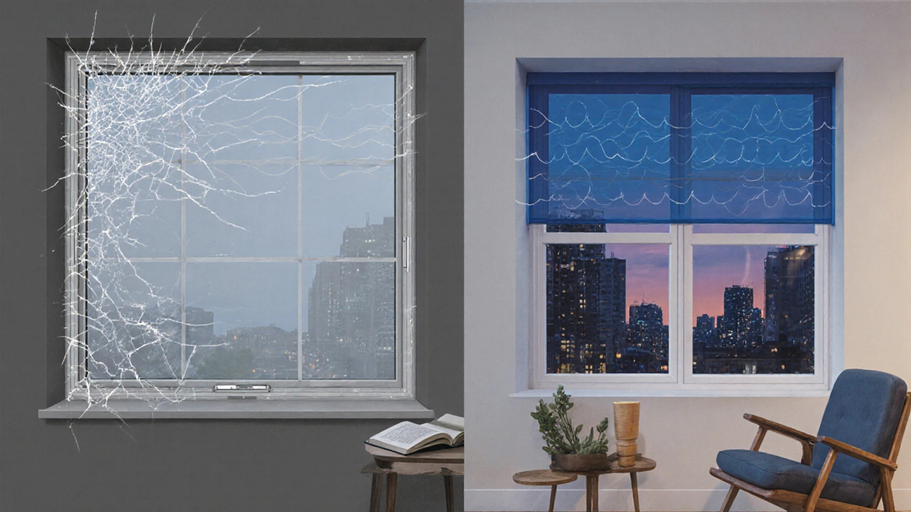 Comparación visual de dos tipos de ventanas: una de aluminio que deja pasar el ruido y otra de PVC con doble cristal que lo bloquea.