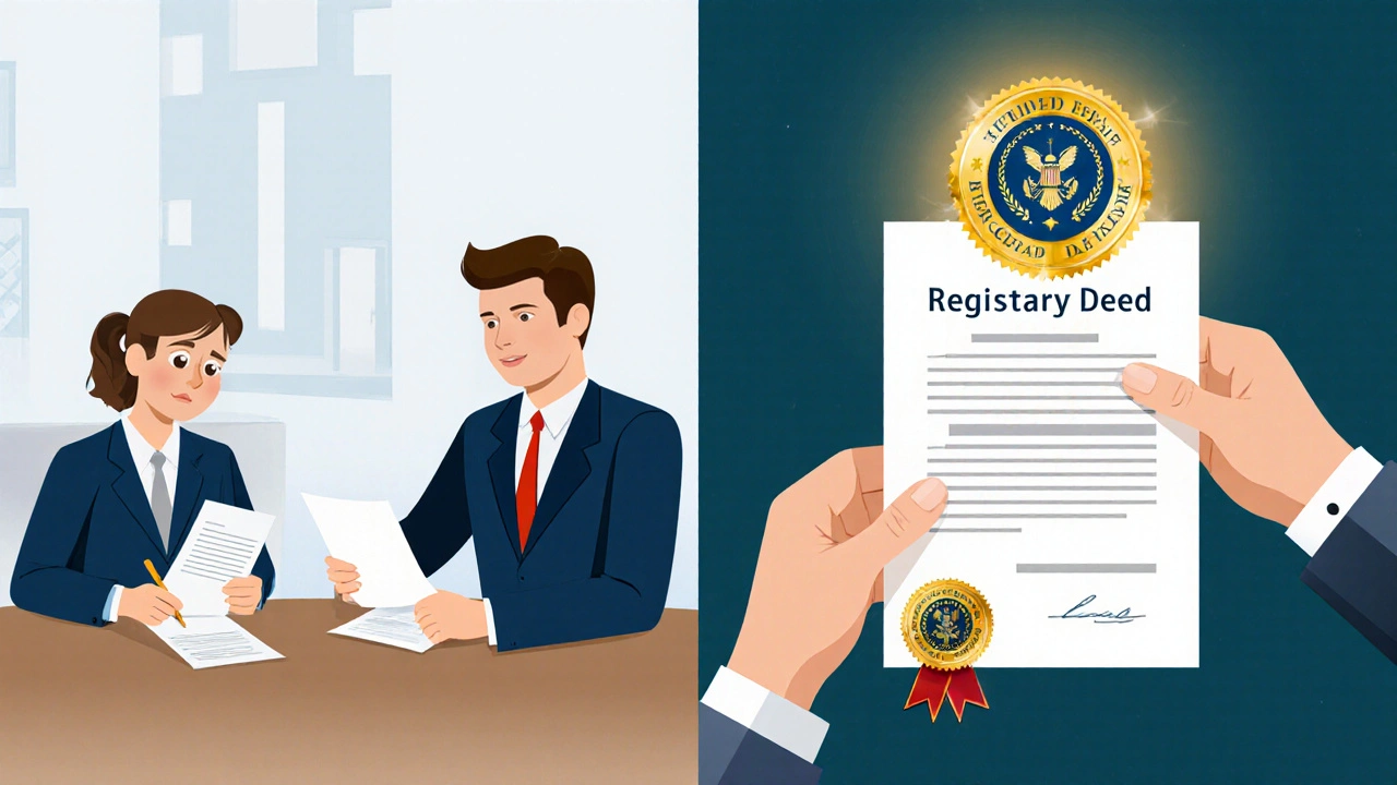 Comparación visual entre un abogado sin habilitación y un escribano público que garantiza la seguridad jurídica.