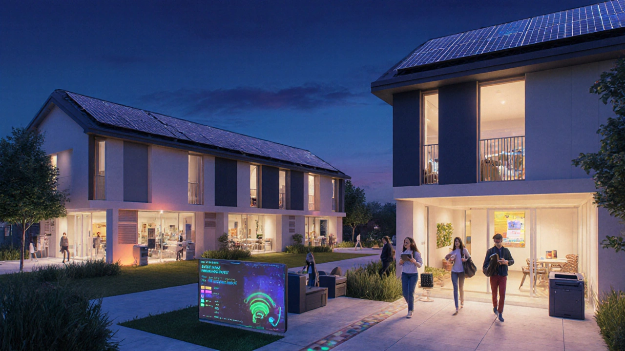 Complejo residencial moderno &#039;Studenta&#039; en Saavedra con espacios comunes iluminados y estudiantes usando tecnología.