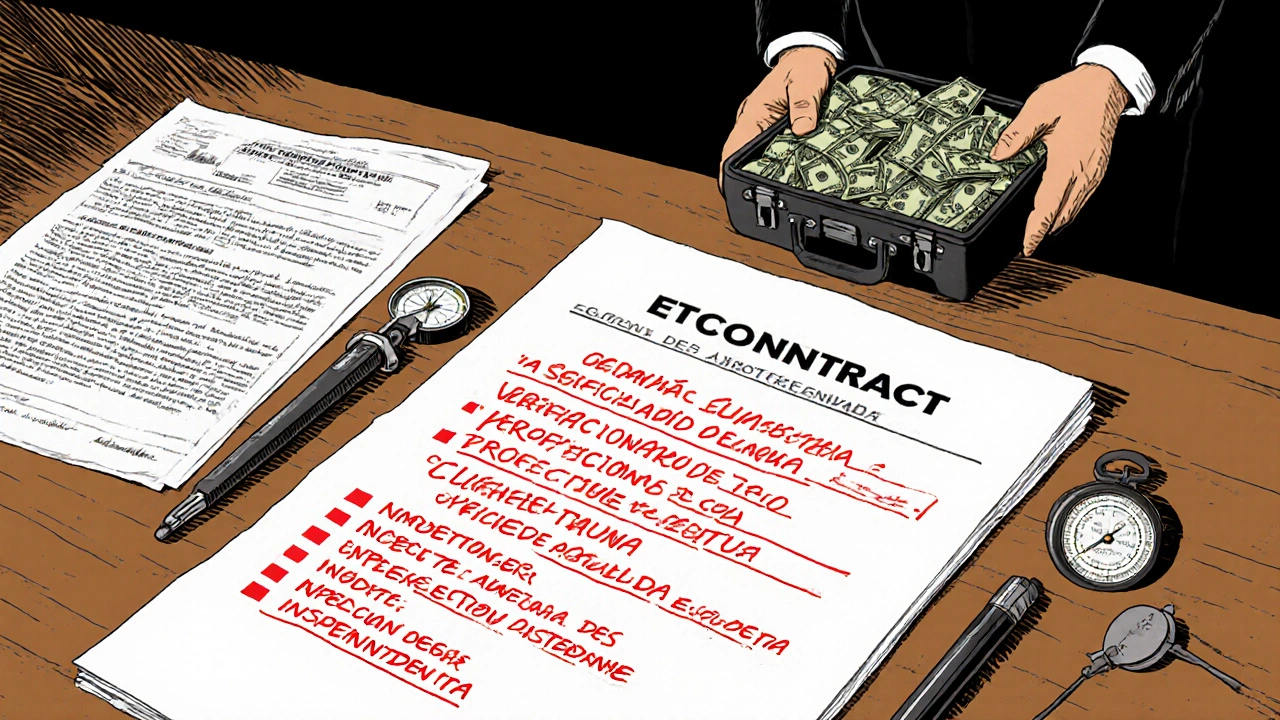 Contrato inmobiliario con cláusulas clave resaltadas, junto a instrumentos técnicos de inspección.