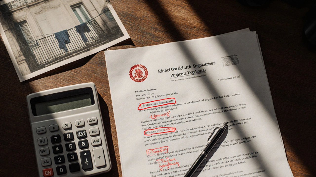 Documento legal de propiedad horizontal sobre mesa con gastos y foto de balcón.