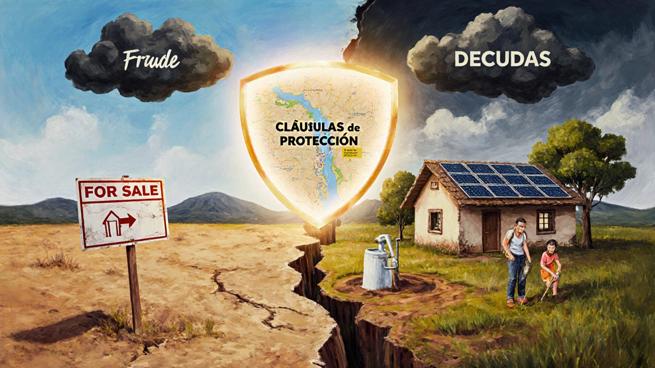 Dos caminos: un terreno seco y fraudulento frente a una propiedad segura protegida por un escudo.