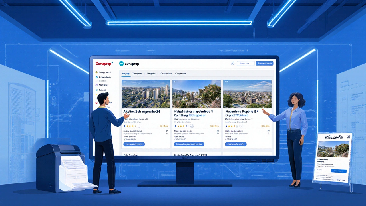Equipo inmobiliario trabaja con plataformas digitales, CRM y anuncios segmentados en una oficina moderna.