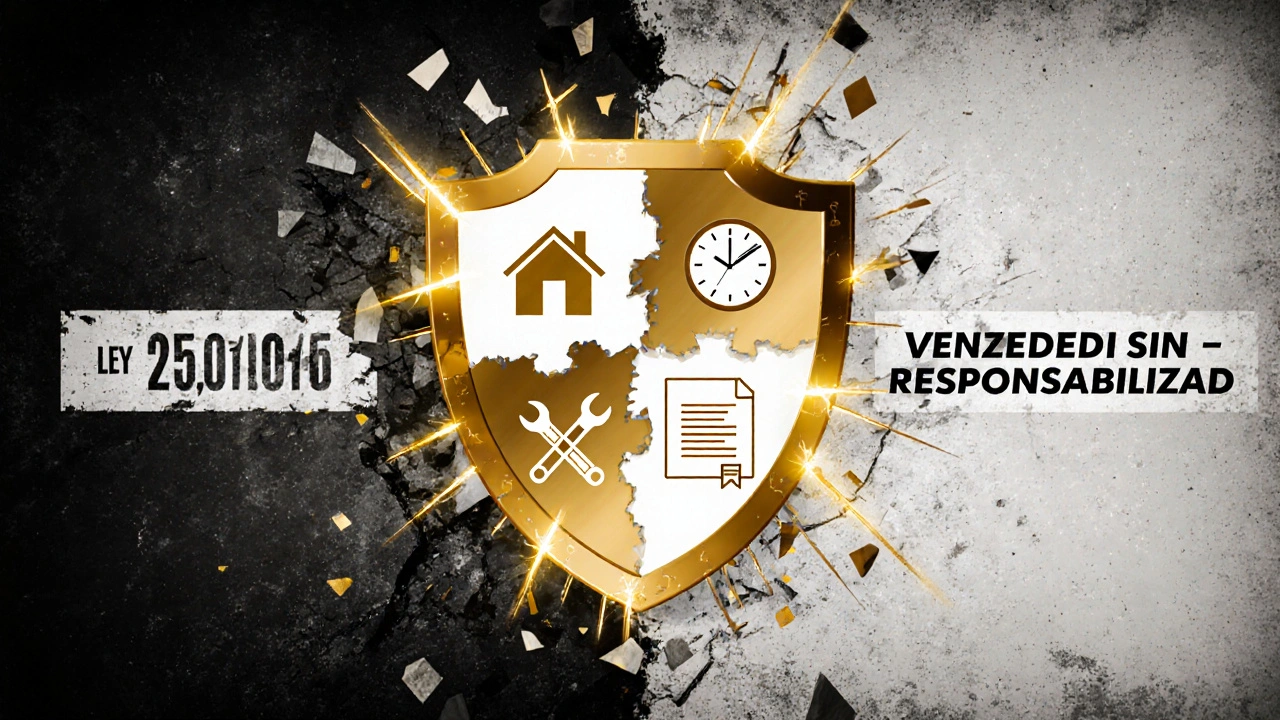 Escudo legal con símbolos de garantía rompiendo una pared que representa la negación de responsabilidad.