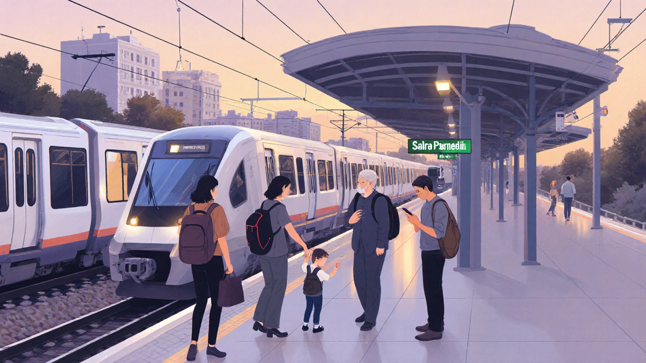 Estación de tren Villa Pueyrredón en hora pico, con pasajeros abordando trenes modernos.