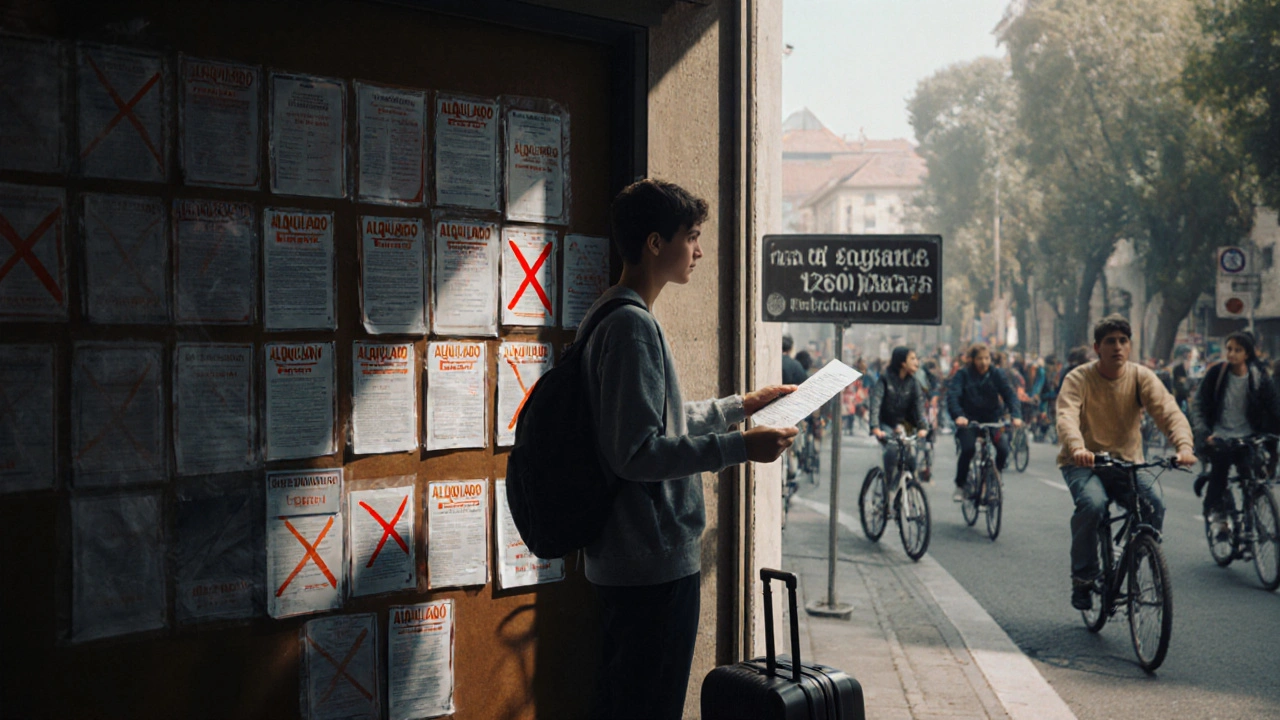 Estudiante frente a una puerta con contrato rechazado, mientras carteles de &#039;Alquilado&#039; llenan el tablón.