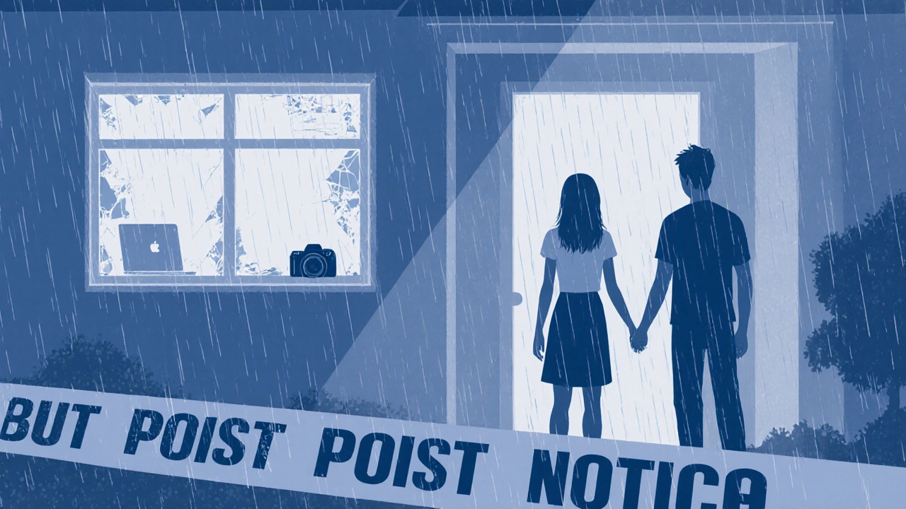 Familia frente a su casa tras un robo, ventana rota y objetos ausentes bajo lluvia ligera.