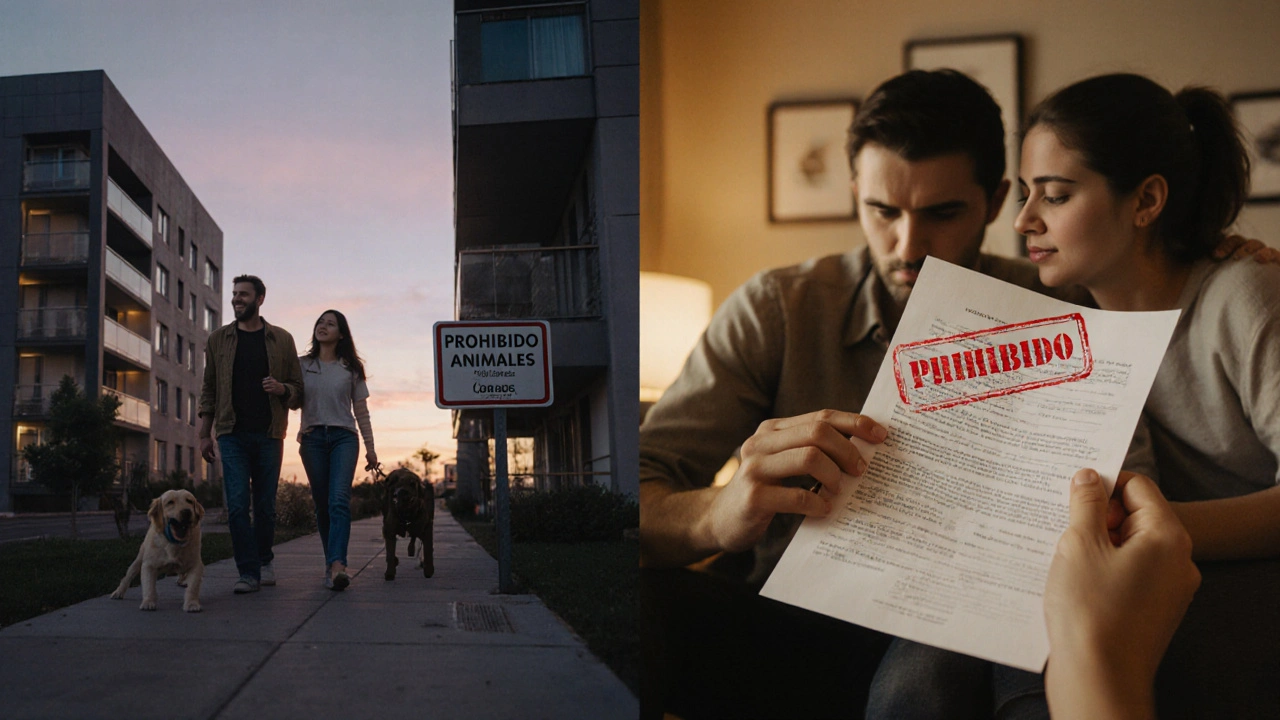 Familia mirando con decepción un cartel que prohíbe mascotas frente a su departamento.