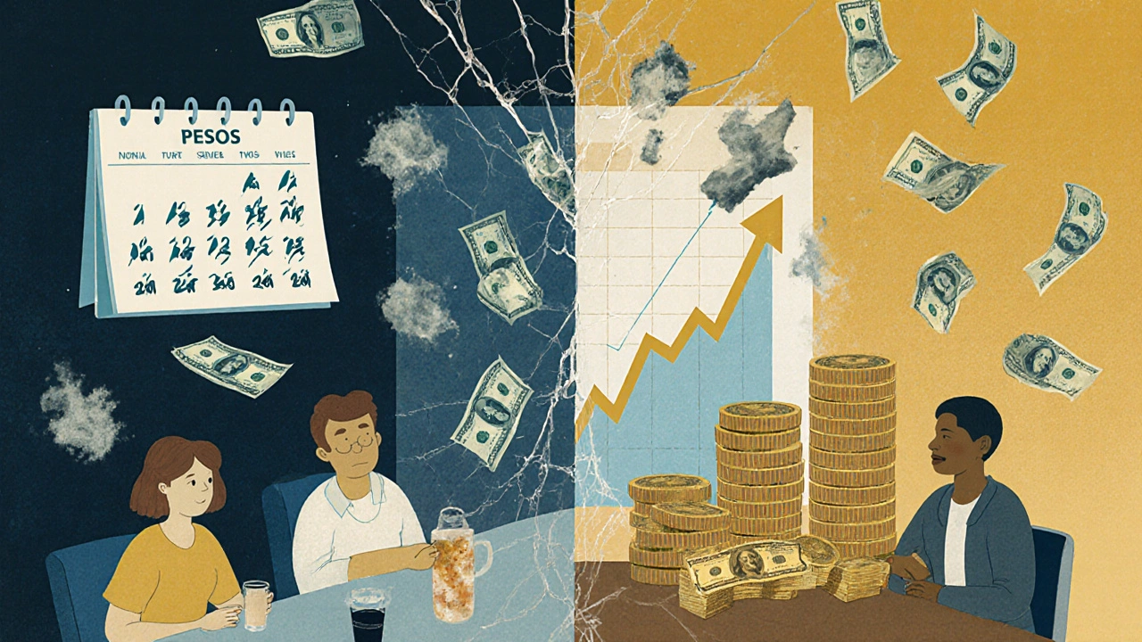 Interior dividido: familia pagando en pesos vs. dólares, con gráficos inflacionarios y billetes que se desintegran.