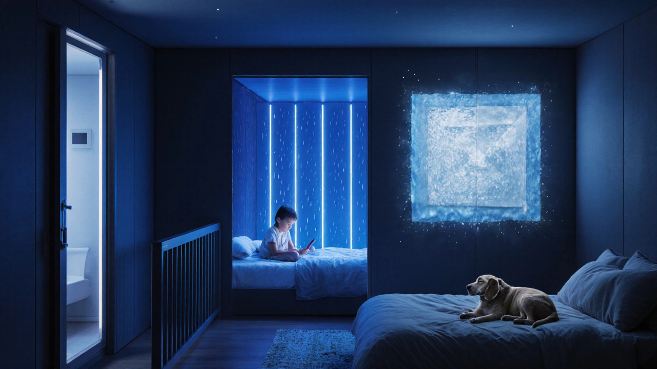 Interior inteligente con paneles que se abren automáticamente, iluminación ambiental y sonidos relajantes, ideal para descanso nocturno.