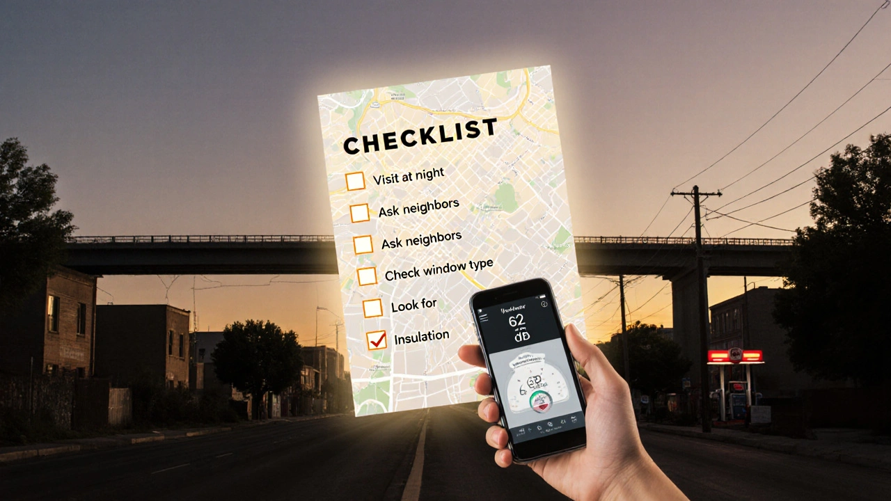 Lista de verificación flotante sobre un mapa de Rosario, con un celular mostrando niveles de ruido y edificios de diferentes zonas al fondo.