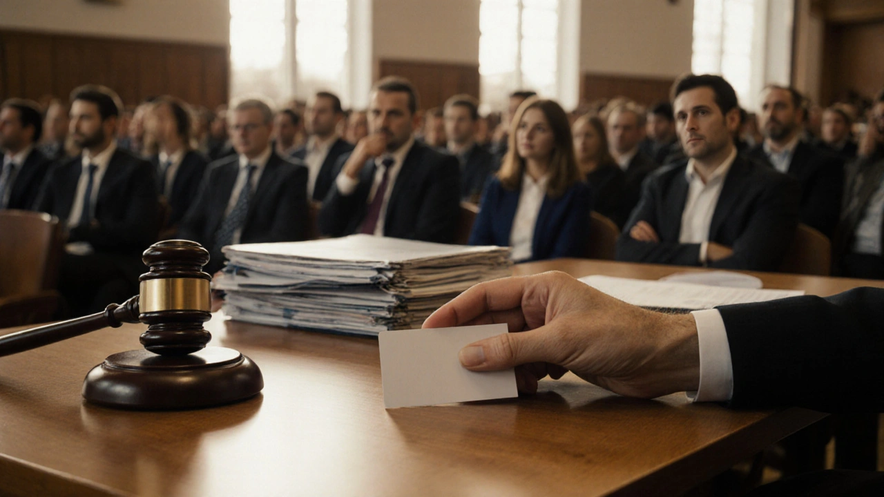 Mano colocando una pujas en una subasta judicial en Santa Fe, con fondo de espectadores en un juzgado.