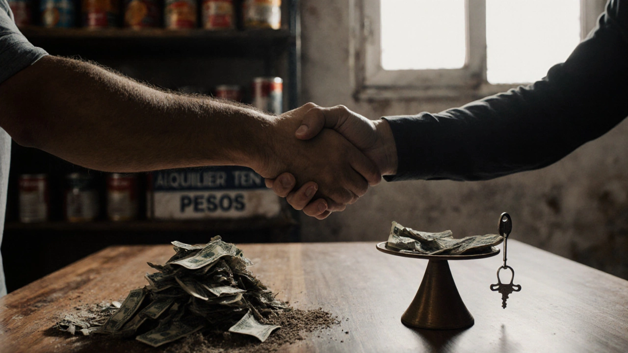 Manos se estrechan sobre una mesa con balanzas que muestran pesos que se desmoronan y dólares estables.