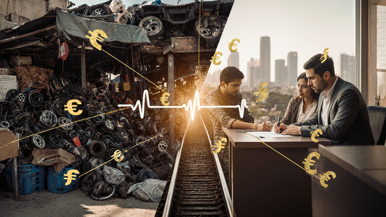 Mercado de autos y firma de contrato de compra de casa conectados por rieles y símbolos monetarios.