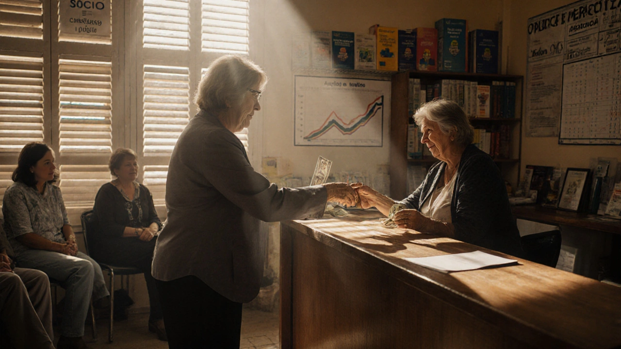 Mujer en cooperativa de crédito de Rosario depositando dinero mientras otros esperan pacientemente.