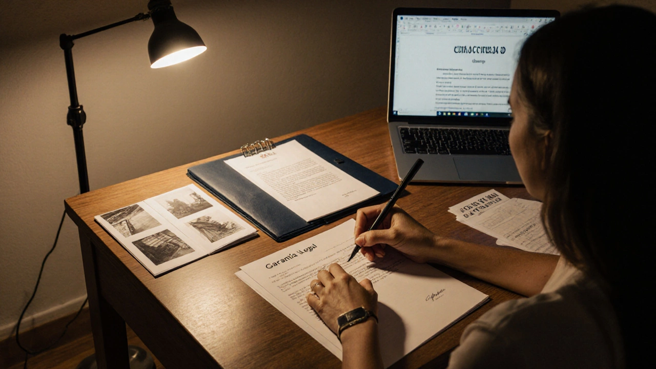 Mujer firmando carta notarial con pruebas de defectos de construcción sobre escritorio ordenado.