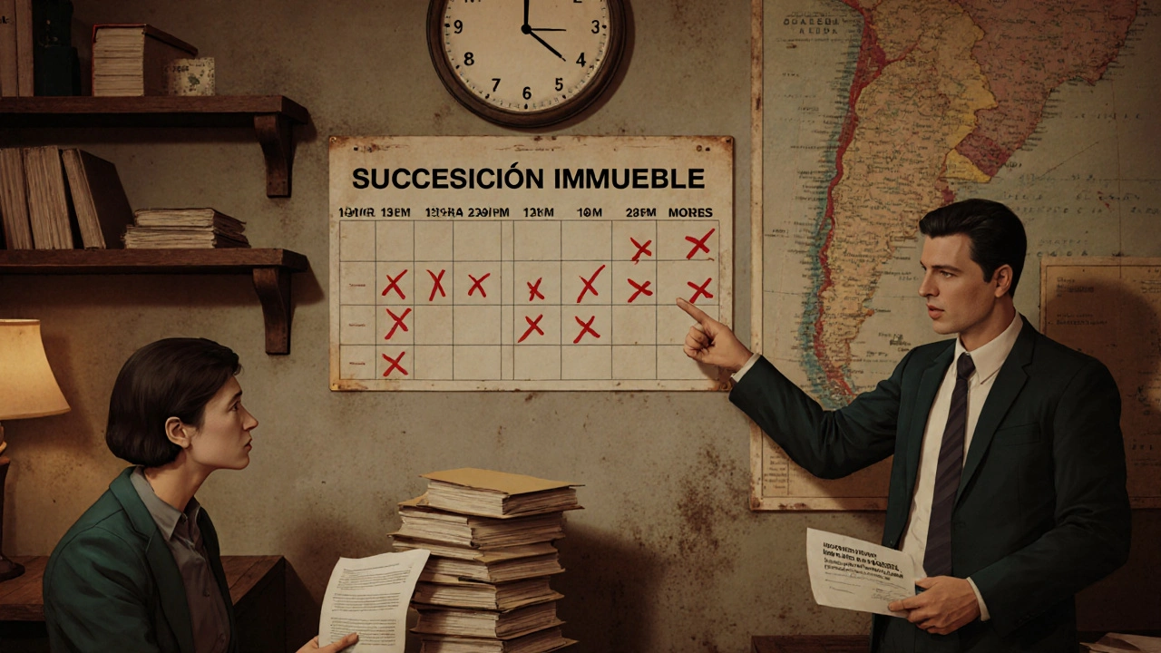 Notario muestra calendario con plazos vencidos de sucesión inmobiliaria.