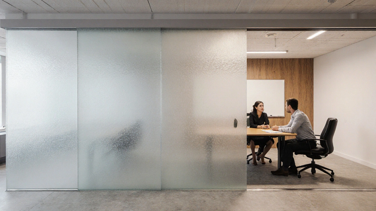 Panel de vidrio translúcido que se desliza para convertir un escritorio en sala de reuniones, con personas sentadas y iluminación suave.
