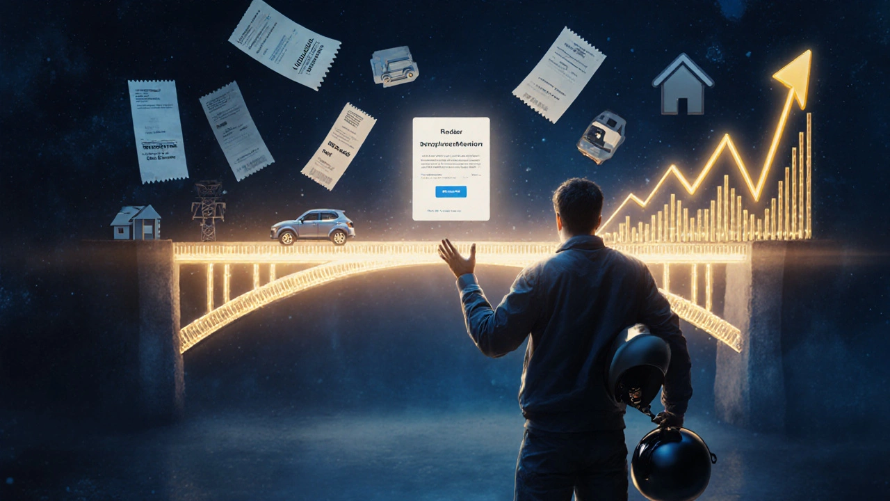 Persona con casco de moto y notificación de crédito, puente de recibos que conecta pasado y futuro.